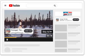 YouTube in-stream video ad example showing a skippable ad with companion banner