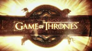 Game of Thrones logo with a blazing, circular emblem behind it on a fiery background.