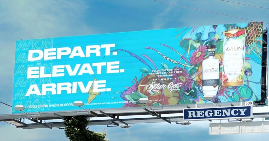 Avión Tequila billboard ad in Los Angeles featuring bold typography and artist-designed packaging