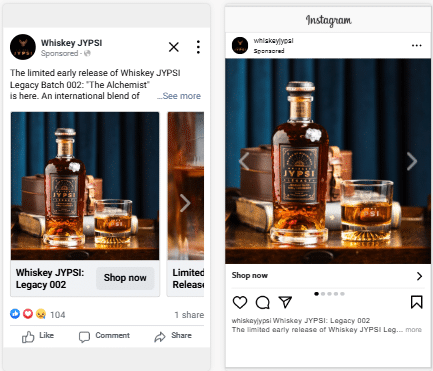 A comparison of two social media ads for Whiskey JYPSI Legacy Batch 002. Both feature a whiskey bottle and a glass on a wooden surface. The left is a Facebook ad, and the right is an Instagram ad.