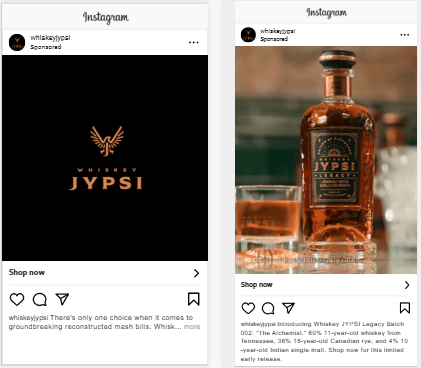 Left image: A black background with the text WHISKEY JYPSI in the center. Right image: A bottle of JYPSI whiskey on a wooden surface, surrounded by a blurred background, showcasing the label and amber liquid inside.