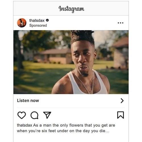Dax in a sponsored Instagram ad promoting his song “Lonely Dirt Road,” standing outside in a residential neighborhood with emotional captioning.