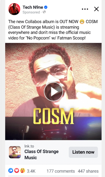 Screenshot of a Facebook post by Tech N9ne promoting the release of a new album, COSM. It includes a video thumbnail with a man wearing sunglasses and headphones and text reading COSM. There are engagement buttons and links below.