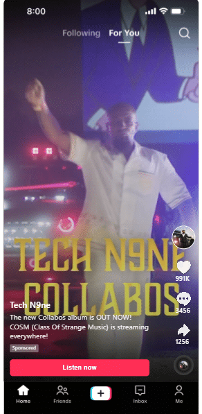 A person is performing on stage with one arm raised. The text overlay reads Tech N9ne Collabos. It is a TikTok video screen with options to like, comment, and share.