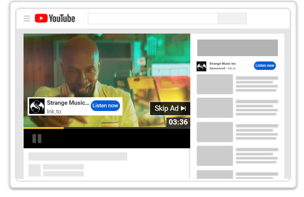 A YouTube video ad shows a man in a brightly lit setting. The screen features controls, a countdown timer showing 3:36, and buttons labeled Skip Ad and Listen now. The right sidebar displays a related advertisement.