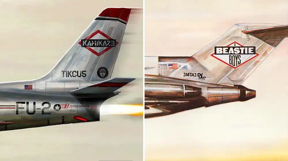 Side-by-side images of two jet tails: the left features KAMIKAZE and TIKCUS with red, white, and silver colors; the right displays BEASTIE BOYS with similar design and logo style.