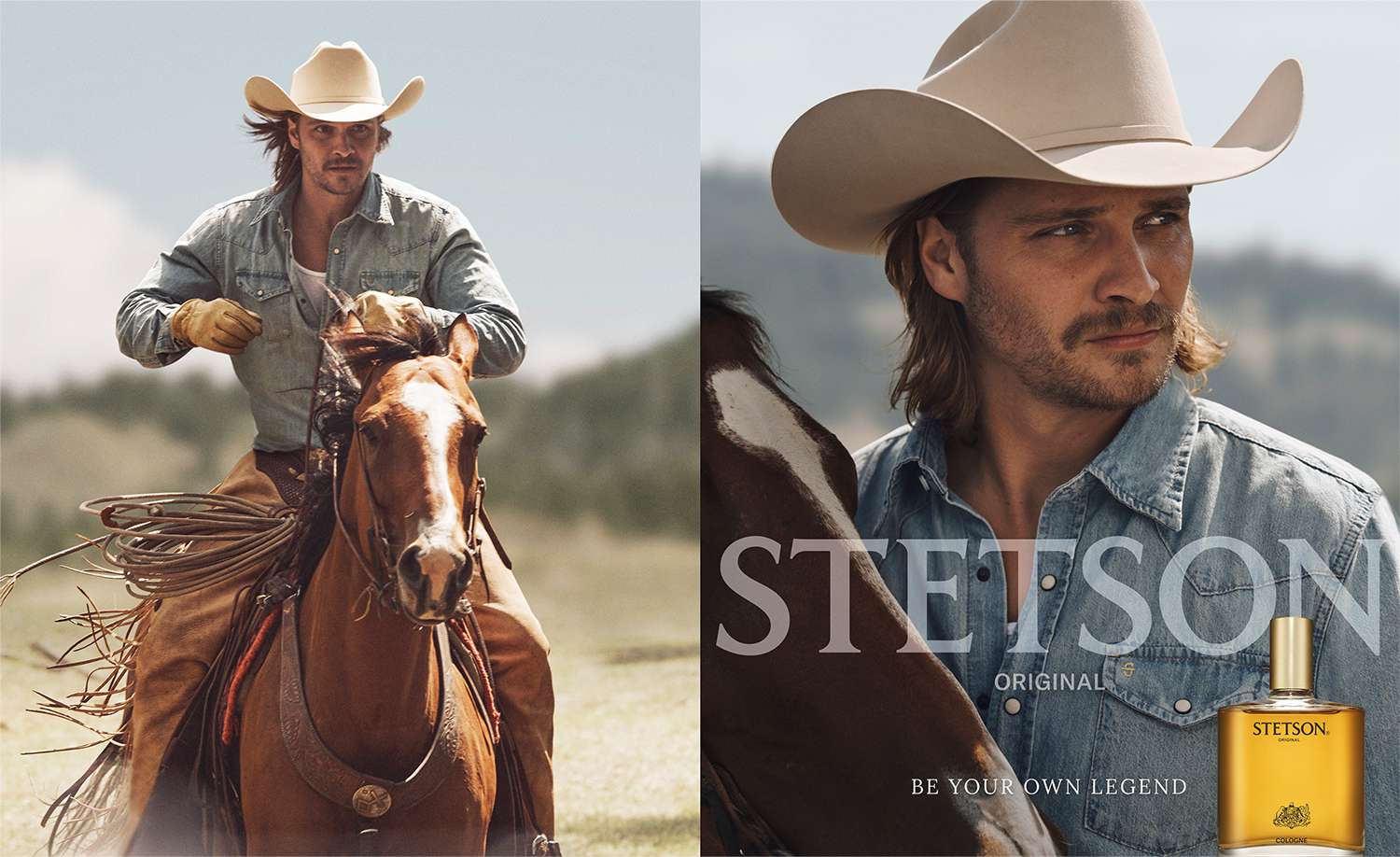 Two images of a cowboy in a tan hat and denim shirt. Left: riding a horse outdoors. Right: close-up with a Stetson cologne bottle and the words “STETSON ORIGINAL” and “BE YOUR OWN LEGEND.”.