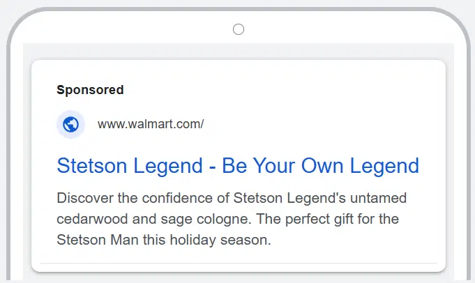 A digital ad for Stetson Legend cologne on a website, promoting it as the perfect holiday gift with notes of cedarwood and sage, encouraging shoppers to Be Your Own Legend.