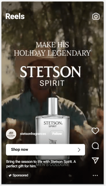 A cologne bottle labeled Stetson Spirit is in the foreground, with bold text above reading Make His Holiday Legendary. In the blurred background, a man in a cowboy hat stands outside.