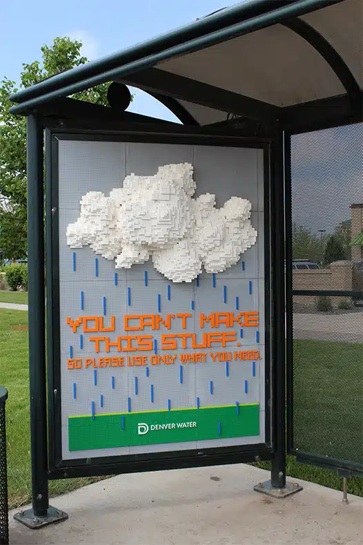 Denver Water LEGO cloud bus shelter ad with conservation message