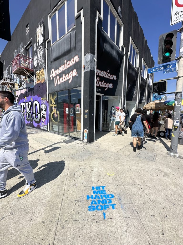 Blue chalk stencil reading "Hit Me Hard and Soft" on a busy Los Angeles sidewalk at Melrose and Curson Avenue