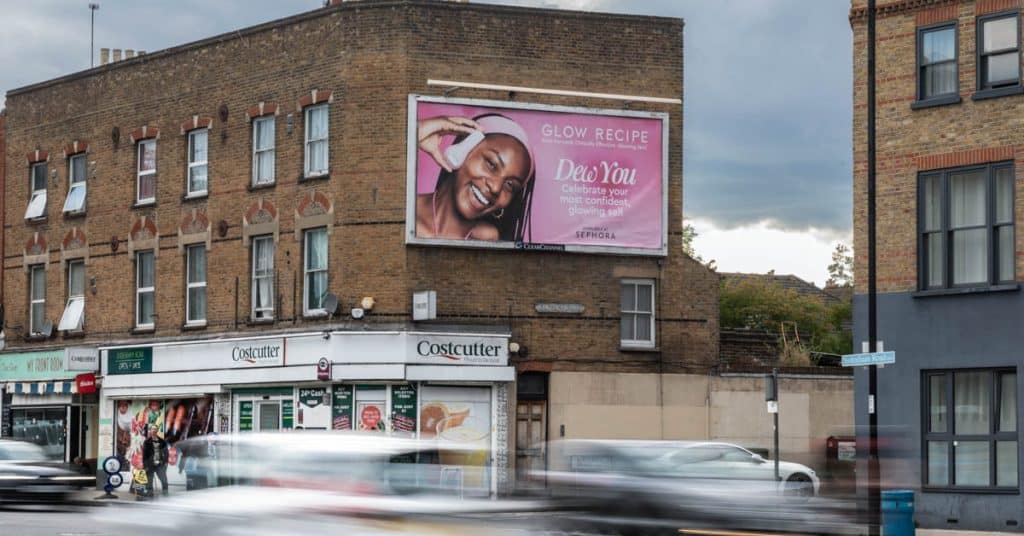 Glow Recipe billboard advertisement on Sydenham Road in London