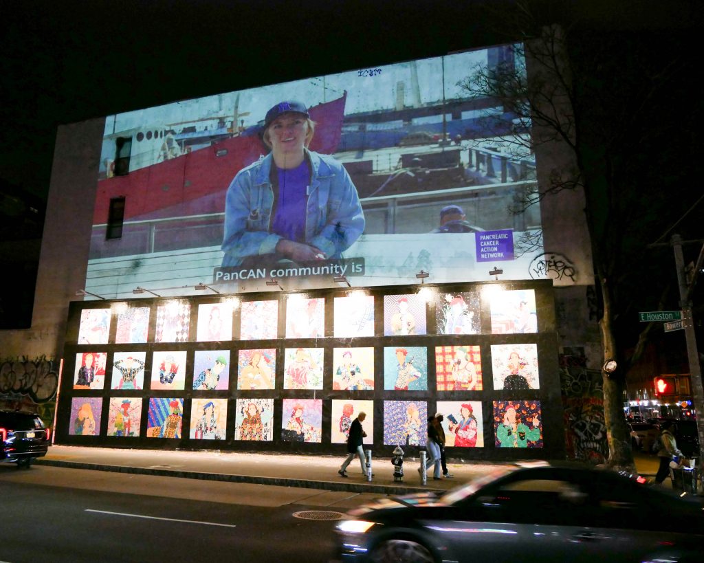 Pancreatic Cancer Action Network projection advertising campaign on a building at Bowery and Houston in New York City