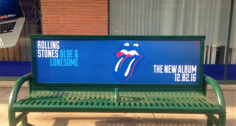 Rolling Stones Blue & Lonesome album bus bench advertisement