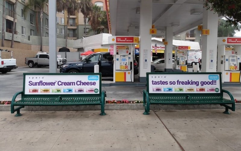 Spero Foods Sunflower Cream Cheese double bus bench advertisement in Los Angeles