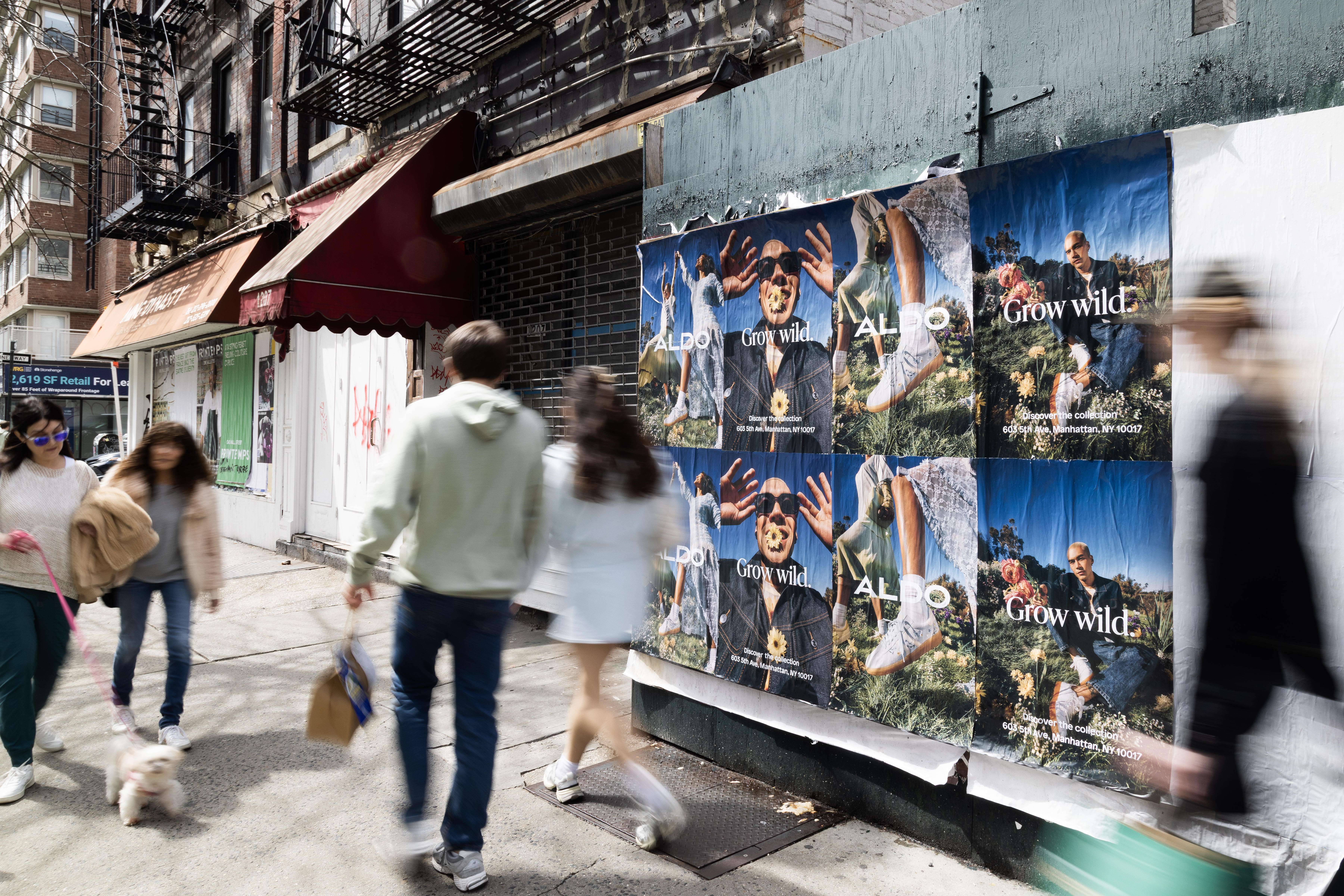 Aldo fashion wheatpasting posters on a building wall in New York City