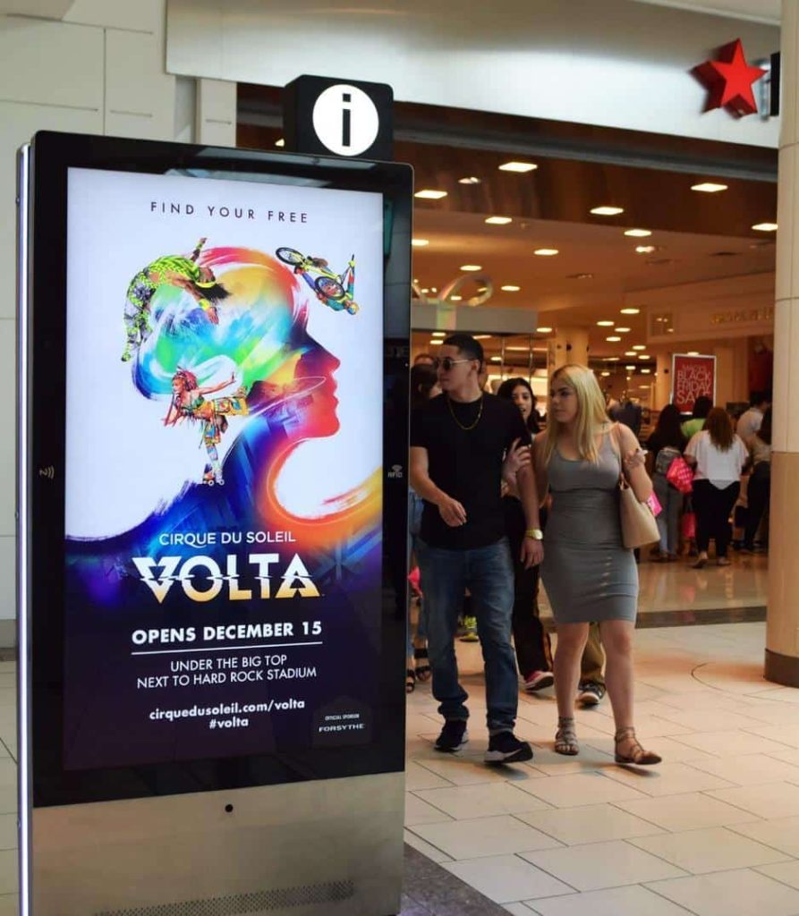 Digital kiosk display ad for Cirque du Soleil inside a shopping mall