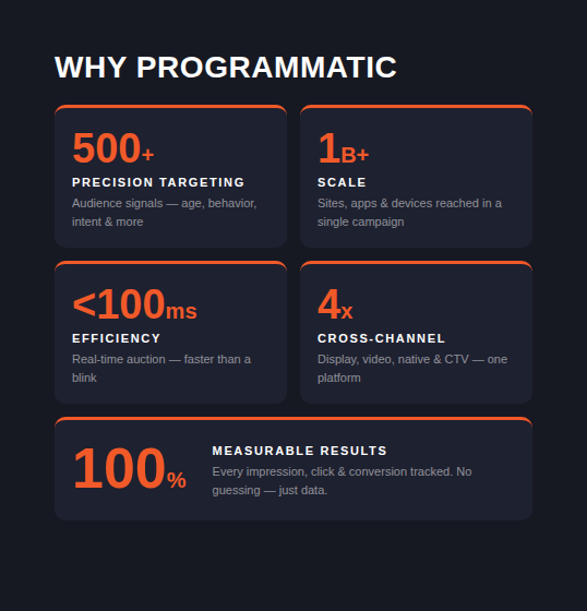 Why programmatic advertising works — 500+ audience signals, 1B+ sites reached, under 100ms auction, 4x cross-channel, 100% tracked