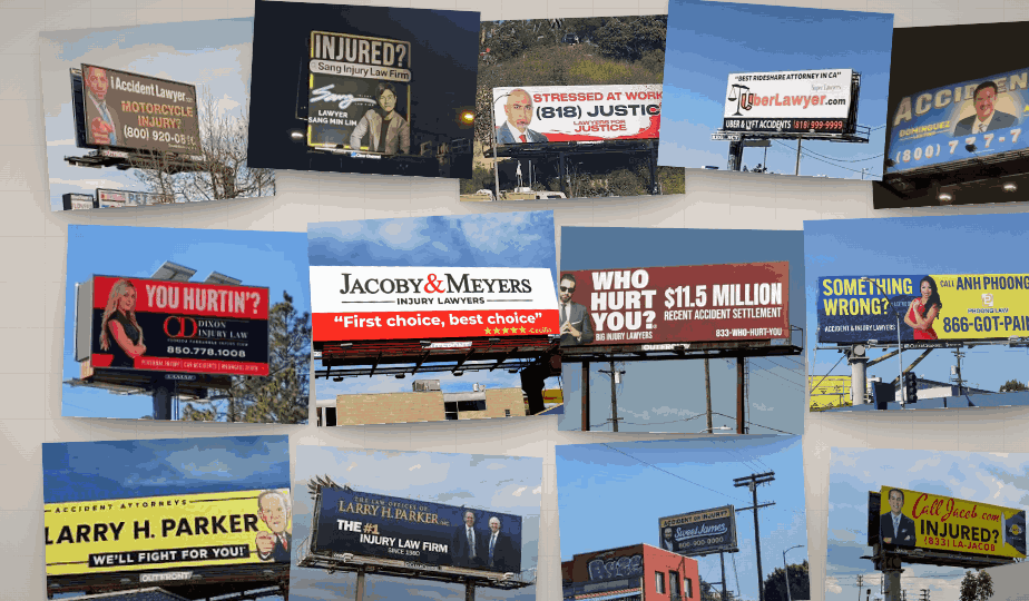 Cluster of roadside billboards advertising personal injury lawyers in various colors and designs.