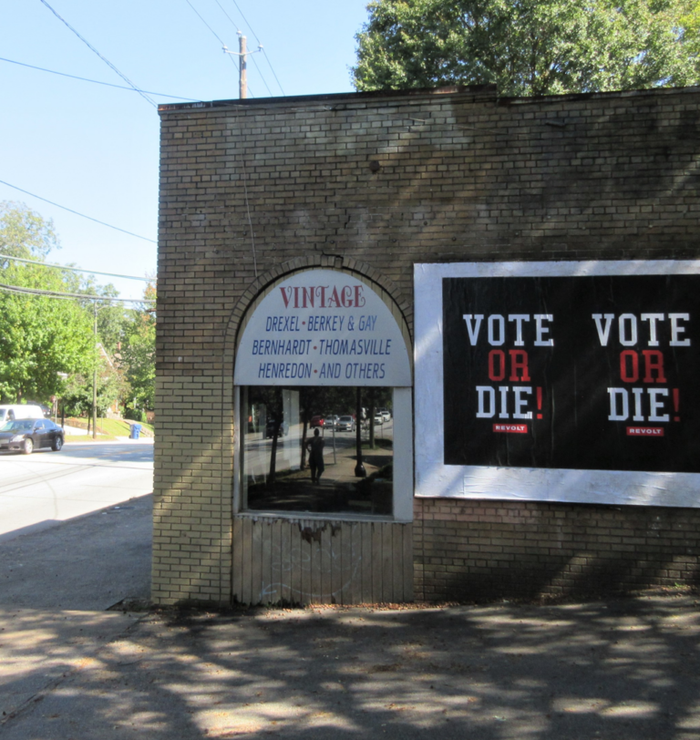 Revolt "Vote or Die!" Wild Posting® and wheat pasting campaign installed on a brick wall in Atlanta's intown eastside, side-by-side poster takeover