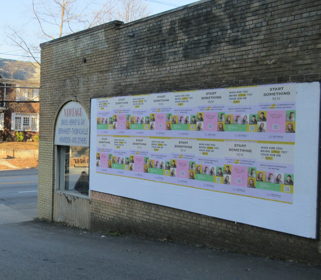 Wethos "Start Something New" Wild Posting® and wheat pasting campaign installed on a brick wall on Ponce de Leon Ave in Atlanta's