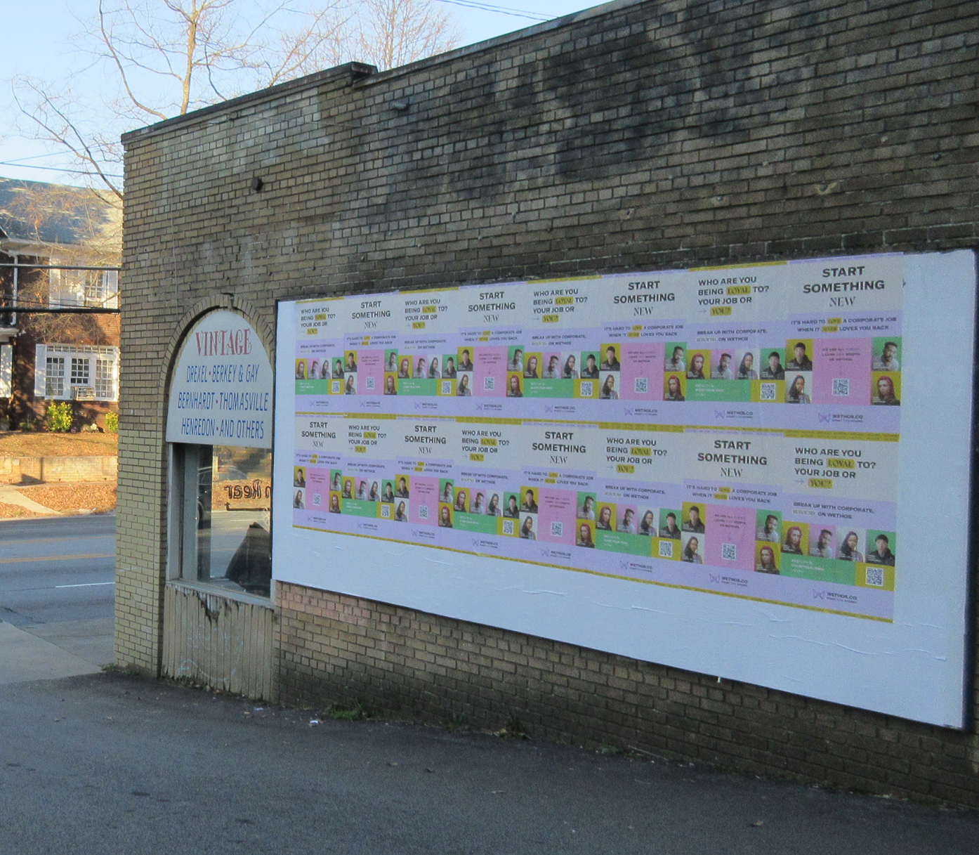 Wethos "Start Something New" Wild Posting® and wheat pasting campaign installed on a brick wall on Ponce de Leon Ave in Atlanta's