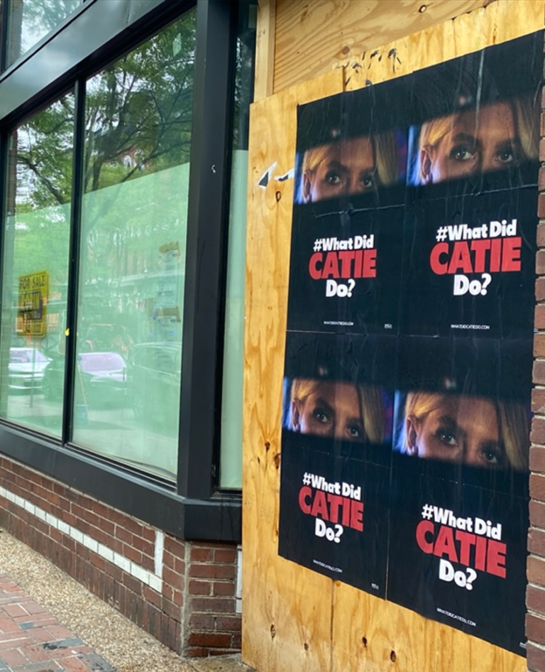 Catie Offerman "#WhatDidCatieDo?" Wild Posting® teaser campaign — wheat pasted posters on 2nd Avenue in downtown Nashville