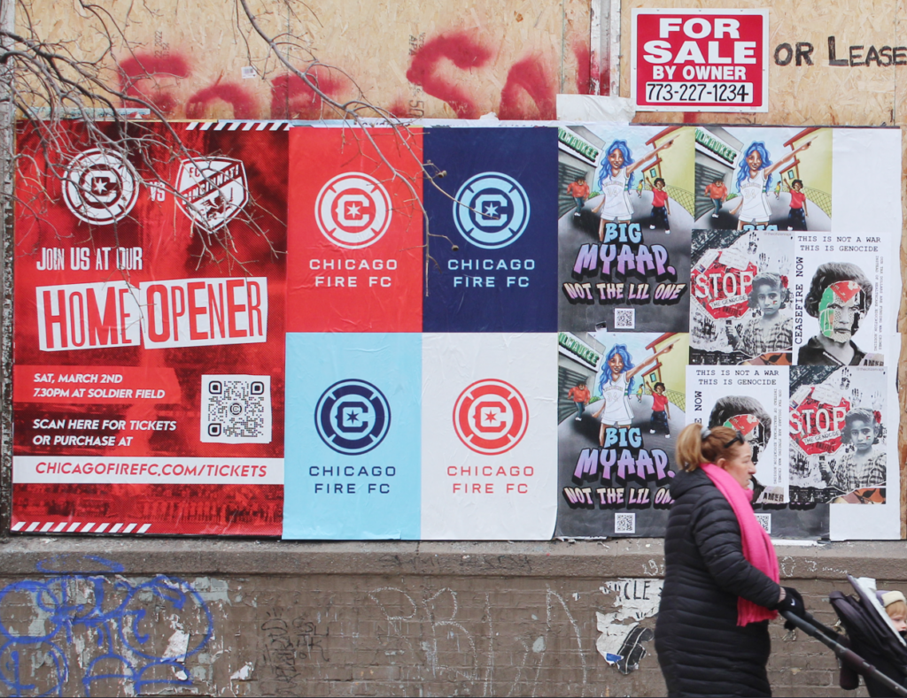 Chicago Fire FC Home Opener Wild Posting® campaign on a Chicago barricade wall — wheat-pasted match-day posters promoting the season opener vs. FC Cincinnati at Soldier Field.