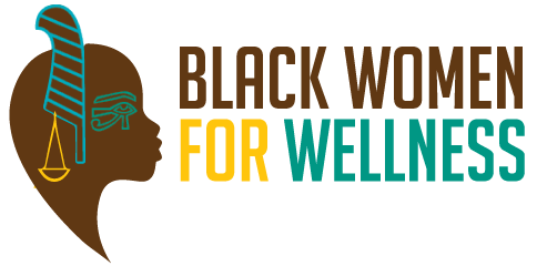 Brand logo for Black Women for Wellness: brown woman's profile with a blue headdress and yellow scales, text in brown, yellow, and teal.
