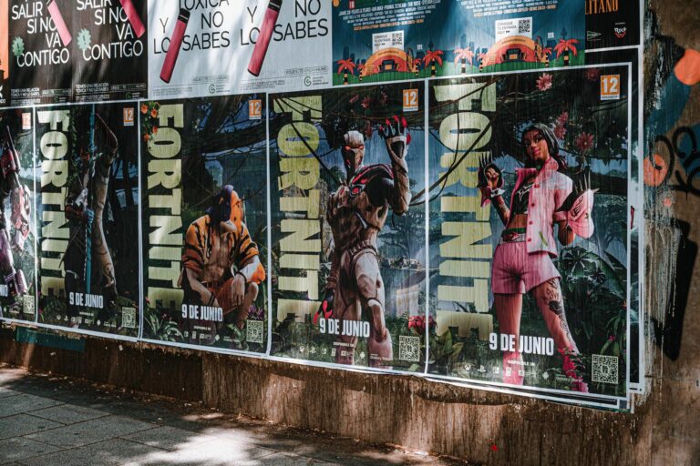 Fortnite wheat pasting and Wild Posting® campaign in Madrid — five-poster takeover with QR codes and "9 de junio" launch date