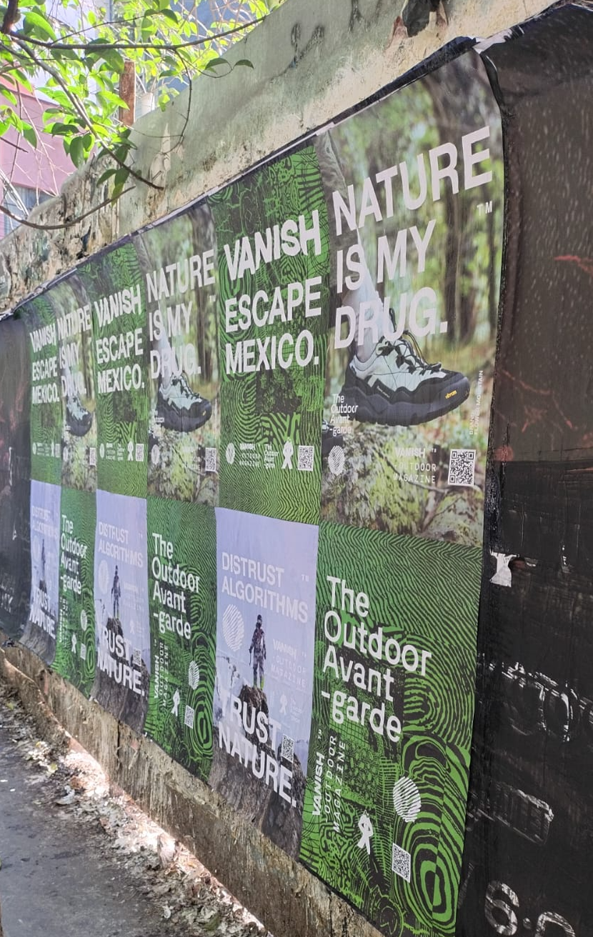 Wild Posting® campaign for Vanish Outdoor Magazine wheat-pasted on a Mexico City wall, featuring "Nature Is My Drug" and "Escape Mexico" creative