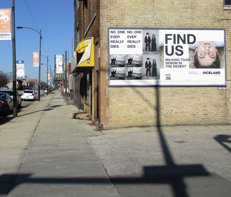 Viceland "Hamilton's Pharmacopeia" Wild Posting® campaign on a Western Avenue brick wall in Chicago — wheat-pasted large-format creative promoting the show's "Milking Toad Venom in the Desert" episode airing November 28.