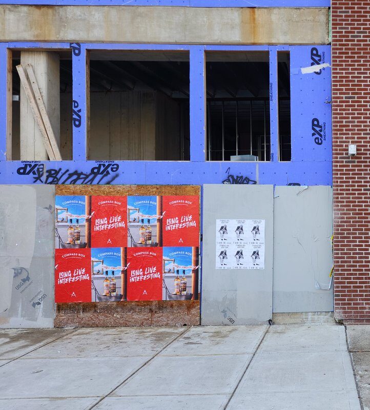 Compass Box Scotch Whiskymakers "Long Live Interesting" wheat pasting campaign next to Russo Music on Frankford Avenue, Fishtown, Philadelphia.
