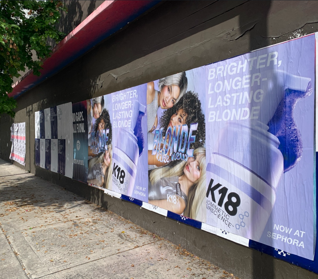 K18 "Blonde Like New" and Spotify "Zero Gaps, All Flow" Wild Posting® campaign at N Miami Ave & NW 13th St, Park West, Miami