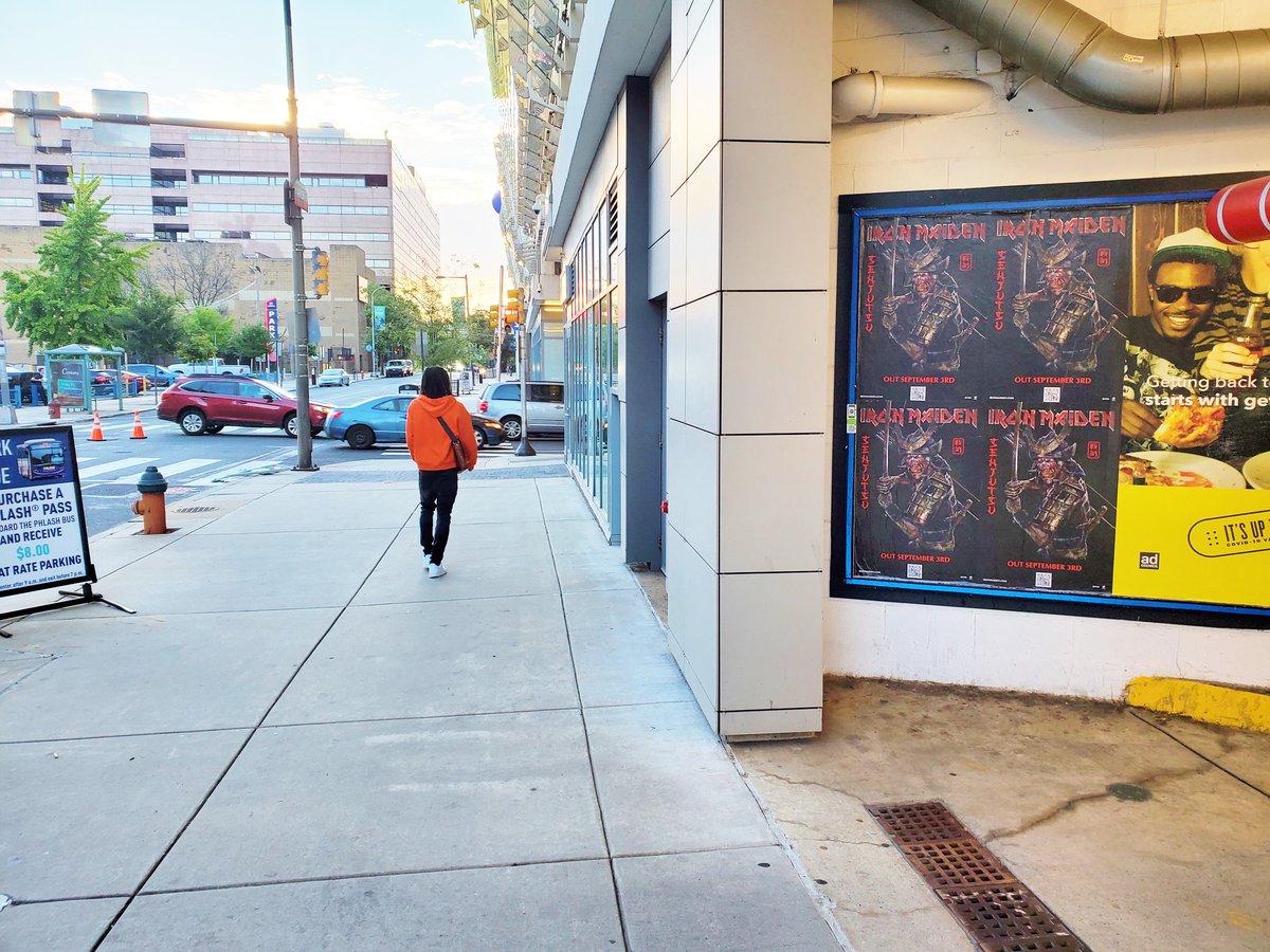 Iron Maiden "Senjutsu" album launch Wild Posting® campaign — four-poster wheat paste cluster at 801 Filbert Street and Arch between 8th and 9th, Center City East Philadelphia.