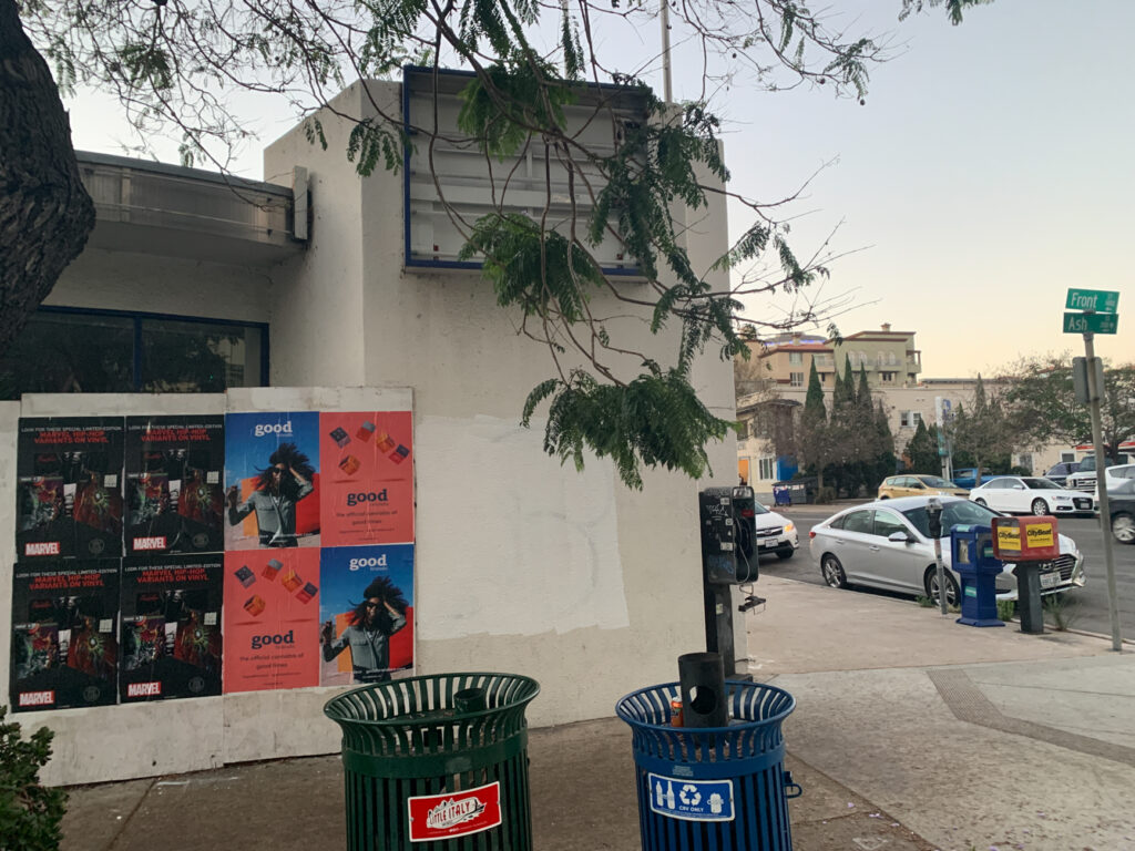 Wild Posting® and wheat pasting campaign for Good Brands and Marvel at Front Street and Ash Street on the edge of San Diego's Little Italy, installed by DASH TWO