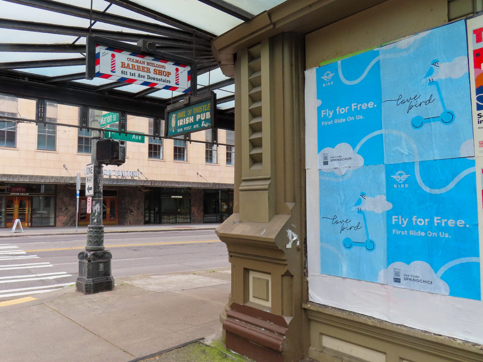 Bird scooter "Fly for Free" Wild Posting® campaign in Downtown Seattle near Pioneer Square