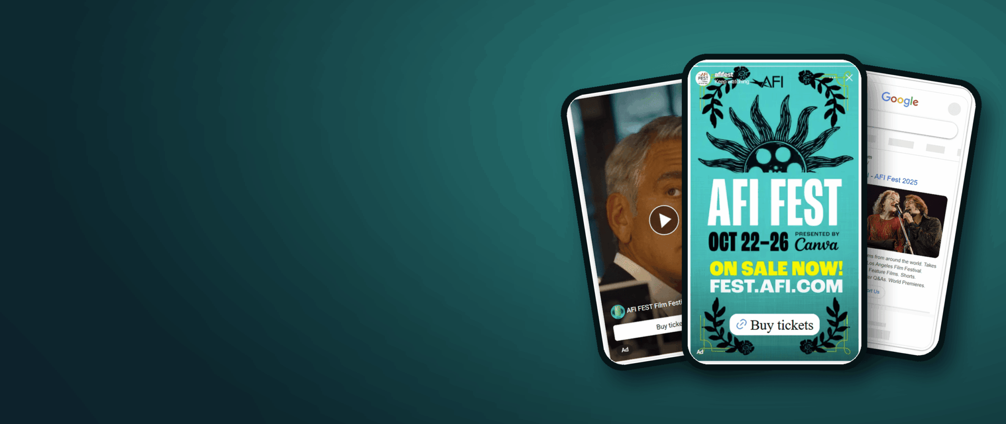 Overlapping smartphones display an AFI FEST poster with 'OCT 22–26' and a 'Buy tickets' button on a teal gradient background (festival promo).