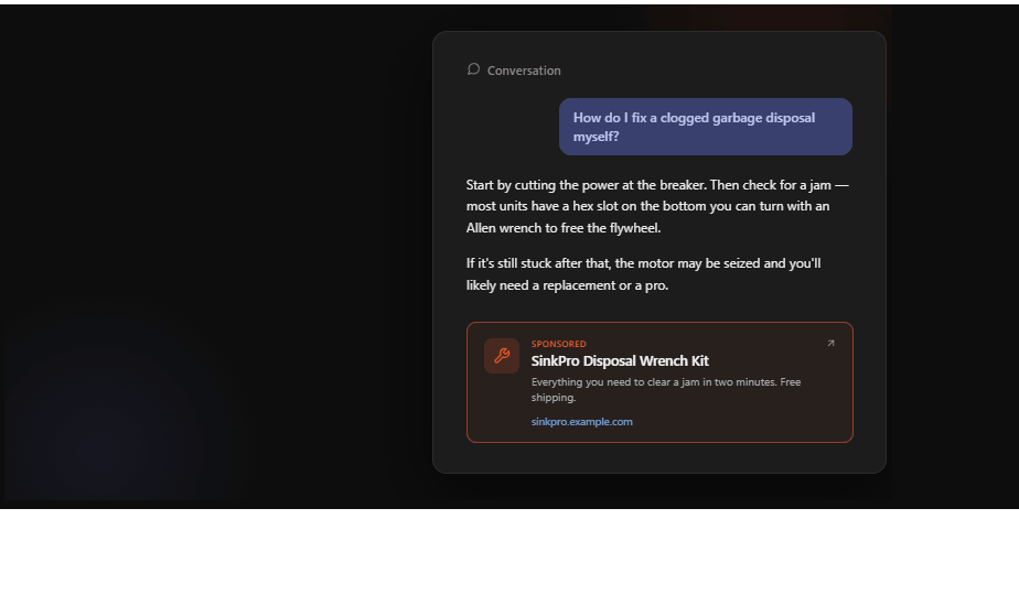 Example of a ChatGPT sponsored chat card appearing beneath an AI answer in a conversation