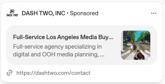 ChatGPT sponsored ad card showing a headline, description, image, and destination link