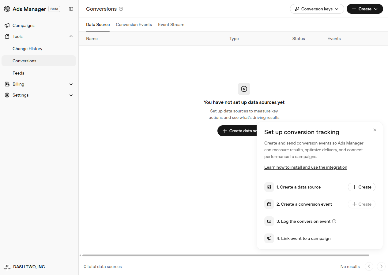 OpenAI Ads Manager conversions dashboard prompting the user to set up data sources