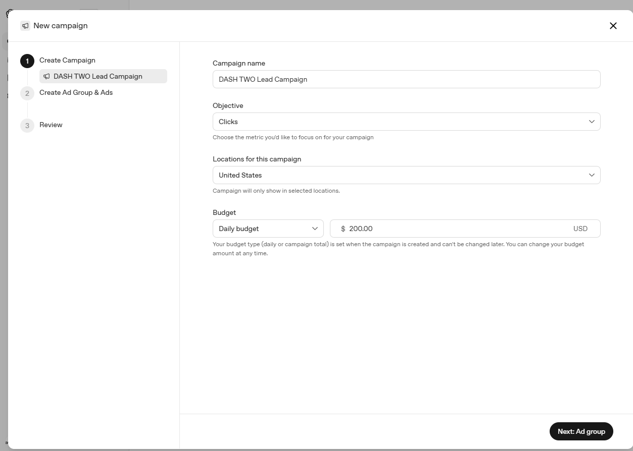 OpenAI Ads Manager new campaign screen with objective, location targeting, and daily budget fields