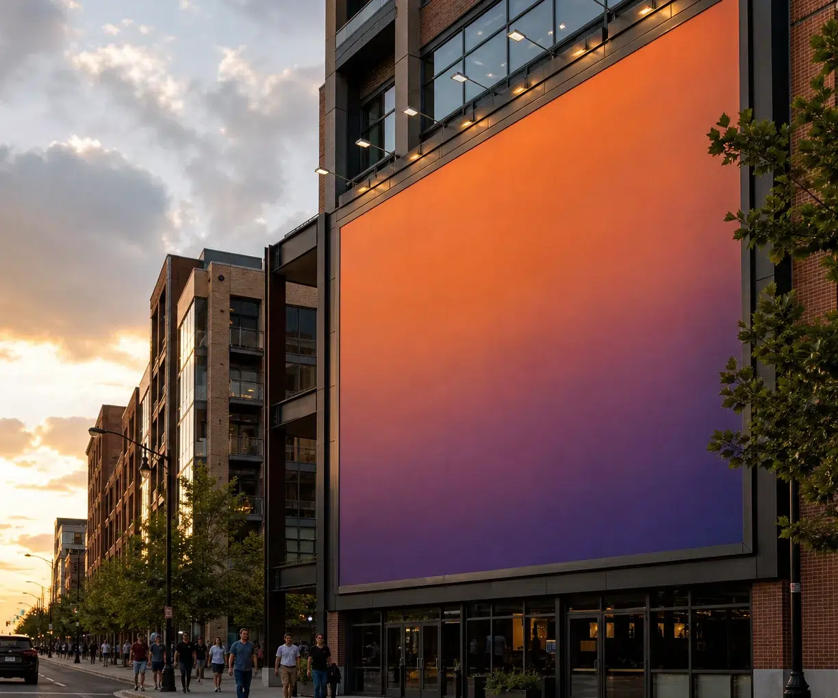 Urban street at sunset with a large orange-to-purple gradient billboard on a brick building, pedestrians walking on the sidewalk.