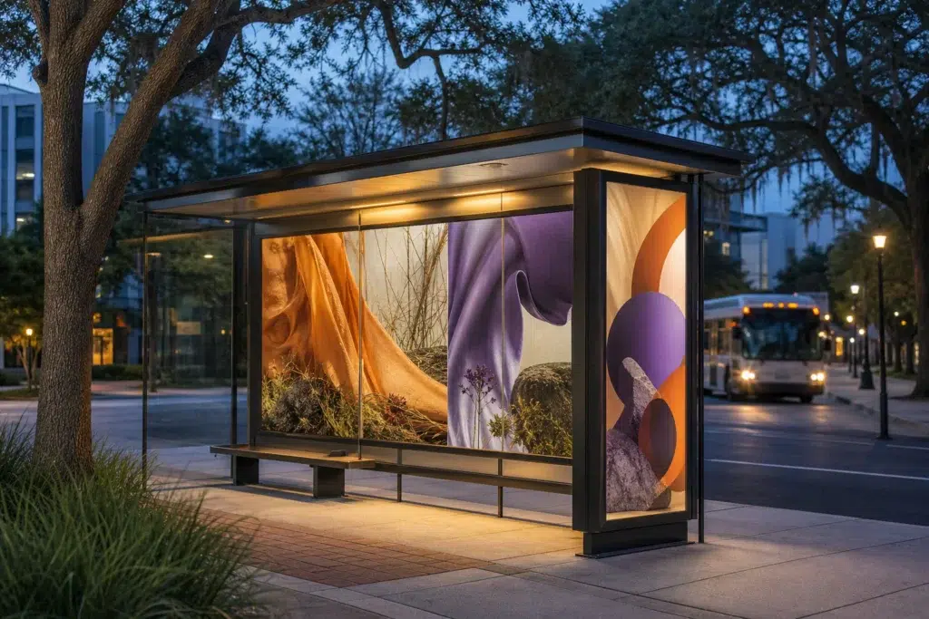 Bus stop shelter at dusk with illuminated, colorful fabric art panels inside, framed by glass panels and surrounding trees.