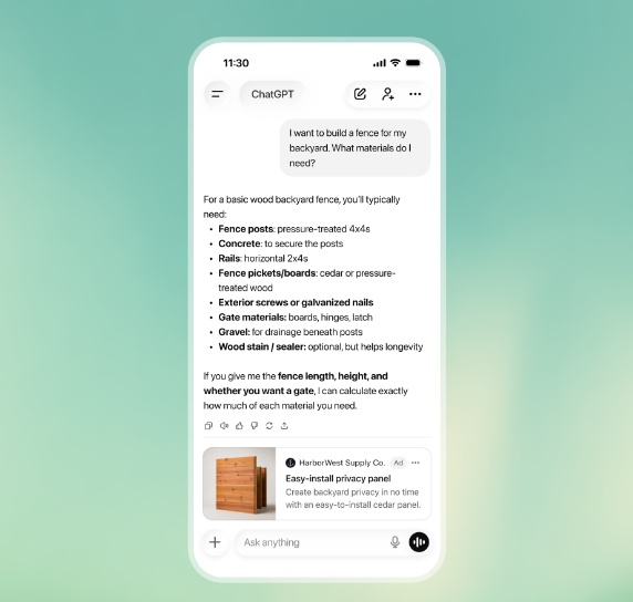 Smartphone chat showing a guide to building a basic wooden backyard fence, including a bulleted materials list (posts, concrete, rails, pickets, screws, gate materials)