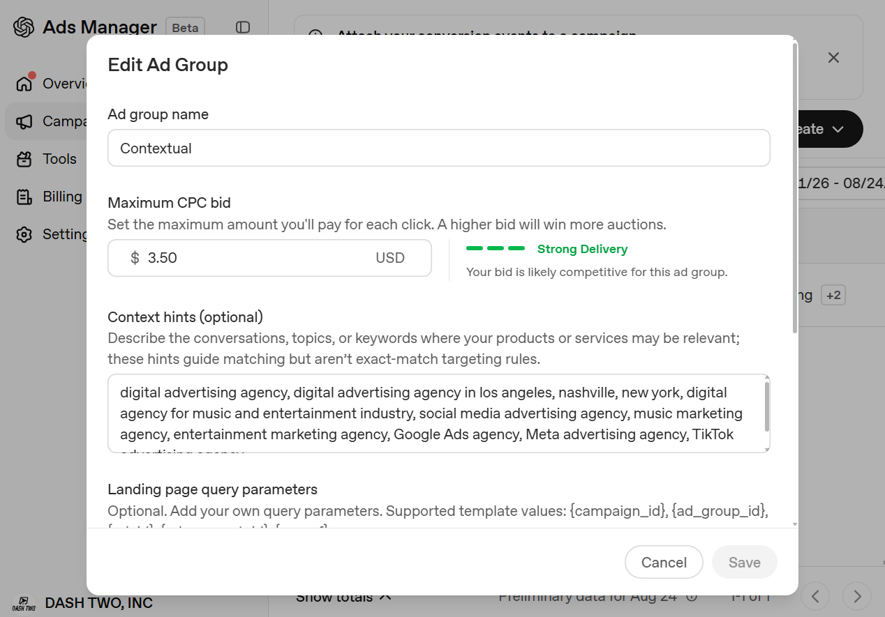 ChatGPT Ads Manager ad group with CPC bid and context hints