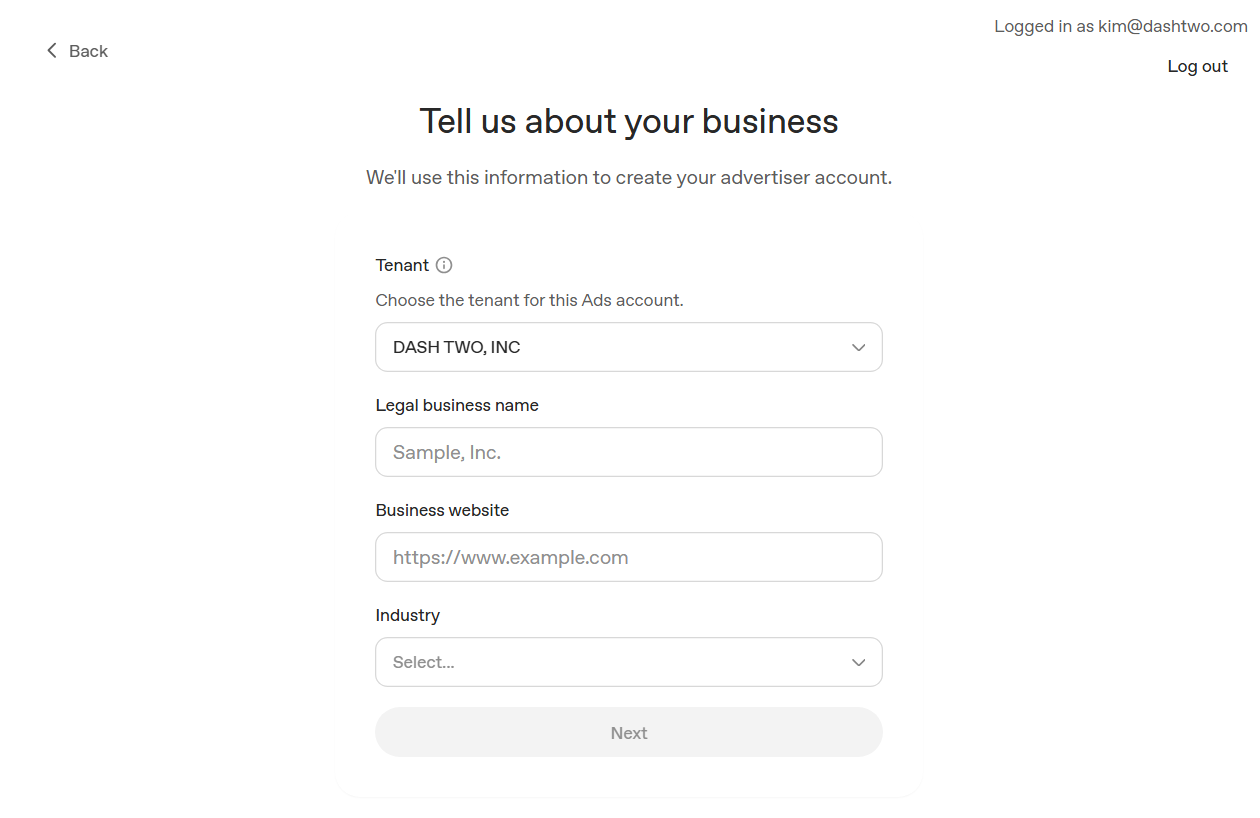 ChatGPT Ads Manager advertiser account setup form