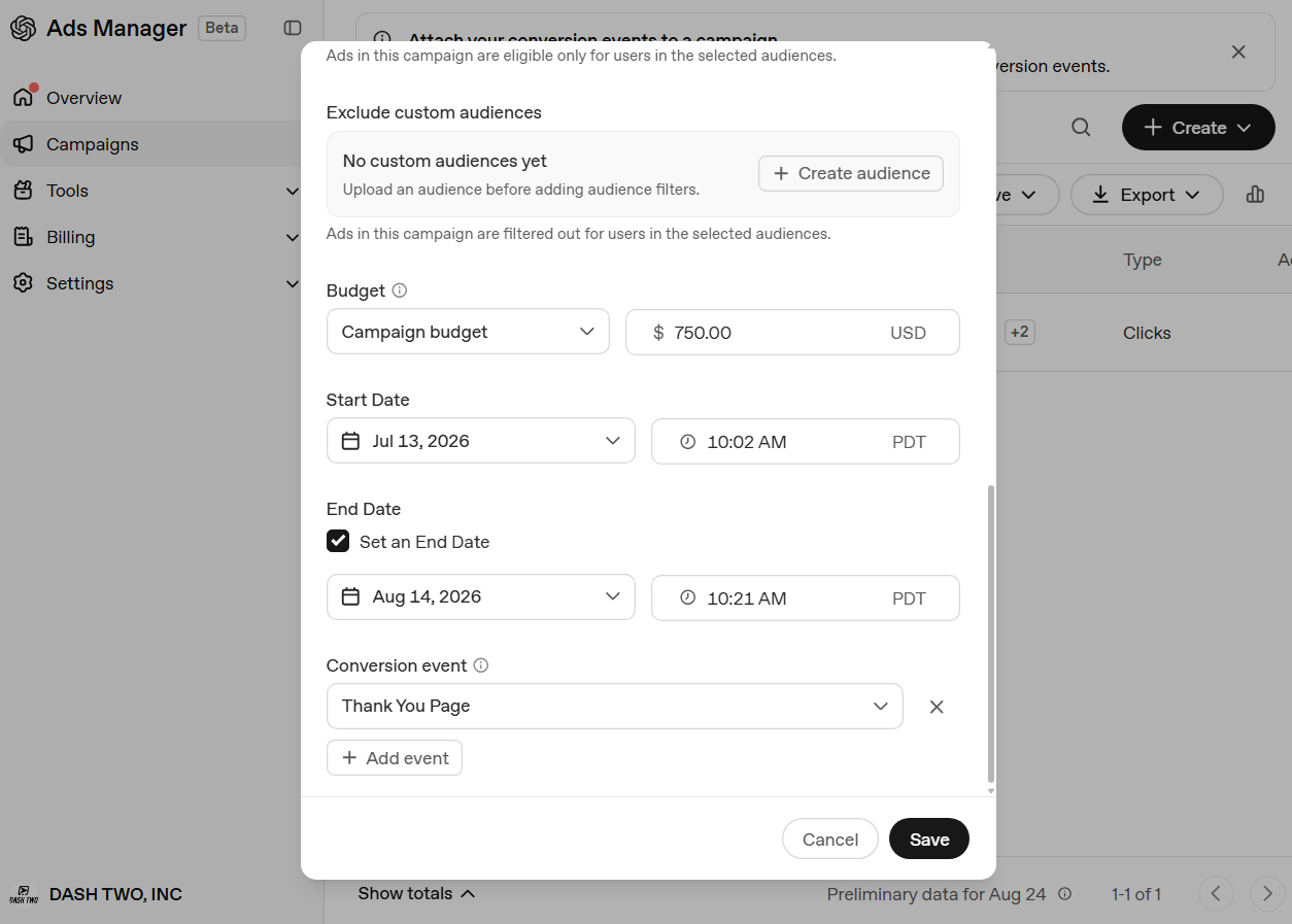 ChatGPT Ads Manager campaign budget and schedule settings