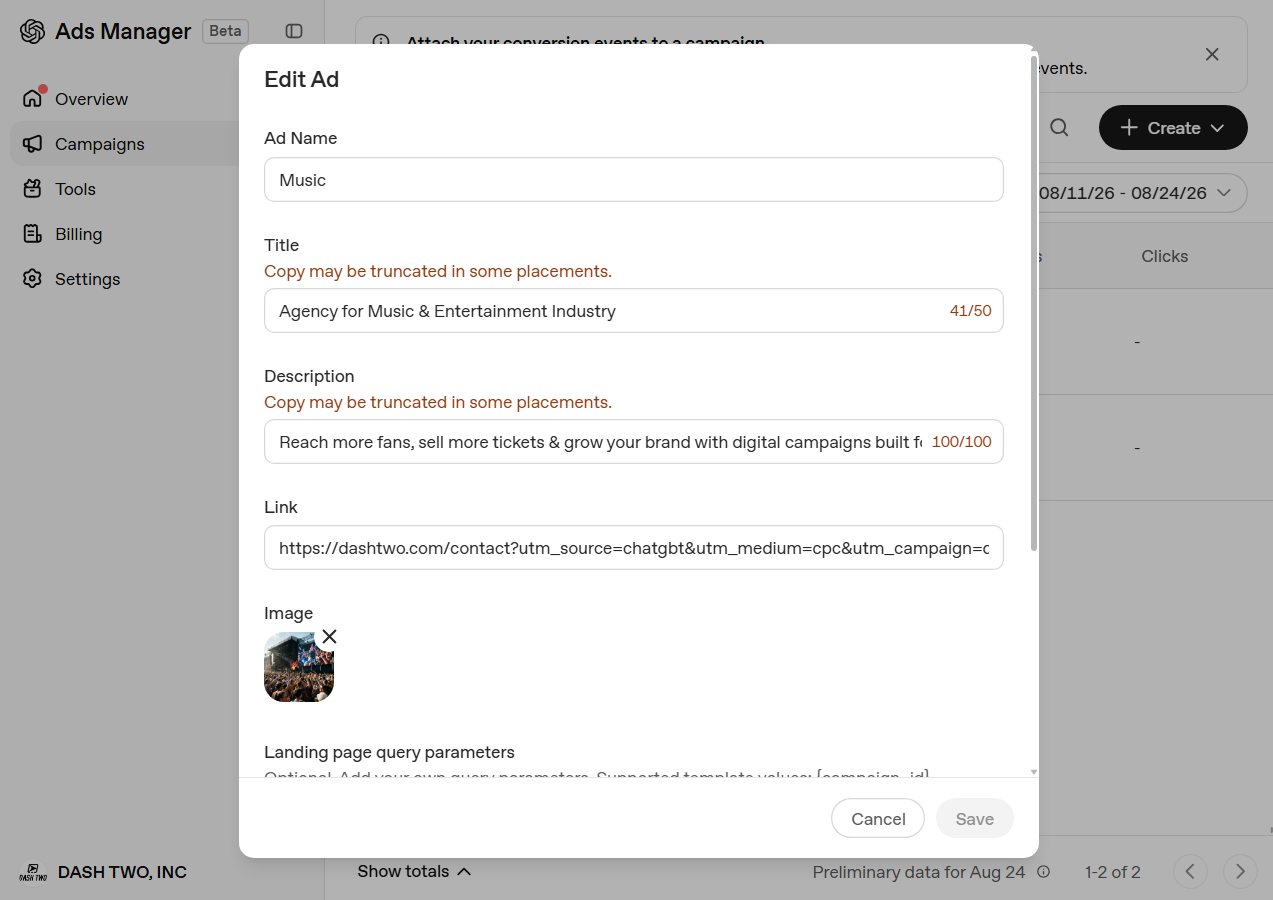 ChatGPT Ads Manager edit ad creative screen