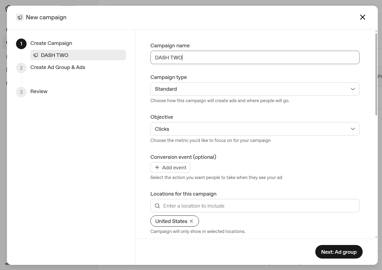 ChatGPT Ads Manager new campaign setup with objective and locations